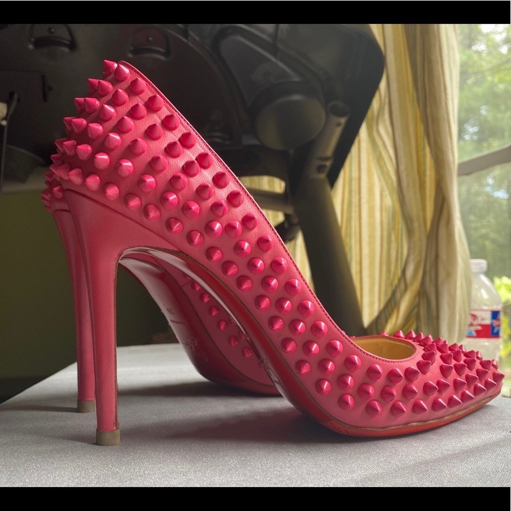 Authentic Pigalle 100 Spiked Leather Heels- Pink